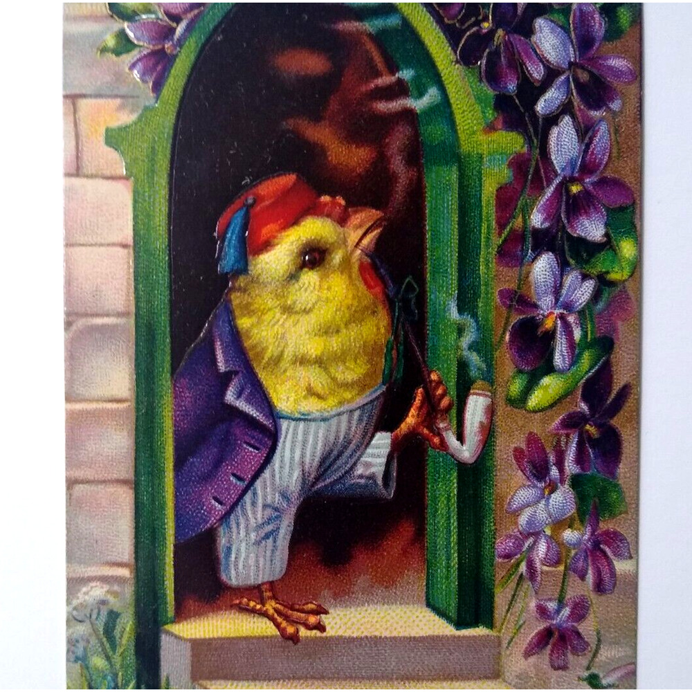 Easter Postcard Fantasy Dressed Baby Chick Fez Hat Smoking Pipe Gel Germany 1520